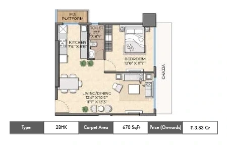 Suraj Park View 2 BHK floor plan, 670 sq ft carpet area
